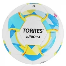 Мяч футбольный Junior-4, размер 4, вес 310-330 г, глянцевый ПУ, 3 слоя, 32 панели, ручная сшивка, цвет белый/синий/жёлтый